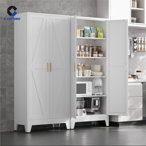 COFaR 71 in Tall Kitchen Pantry Cabinet, Metal Pantry Storage Cabinet with 4 Adjustable Shelves and 2 Barn Doors, White Freestanding Farmhouse Food Cupboard for Dining Room Living Room COFaR