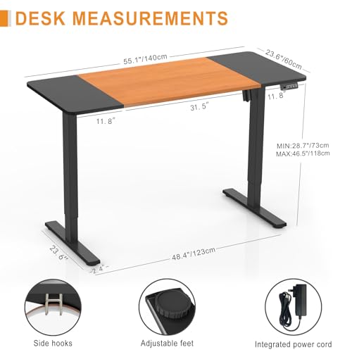 ERGOMAKER Electric Height Adjustable Standing Desk 140x60cm (55.1"x23.6"), Sit Stand Desk with Splicing Top for Home Office (Black Frame, Black & Cherry Desktop)