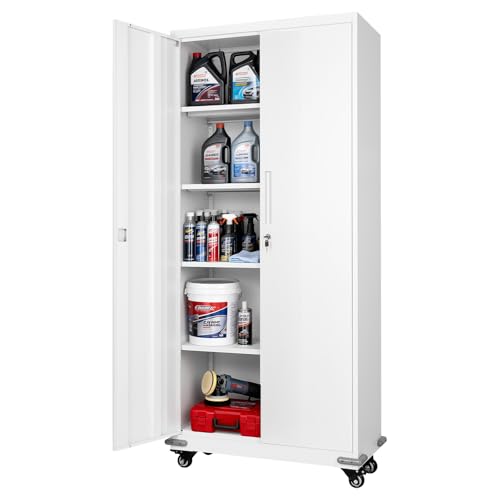 VEVOR Metal Storage Cabinet, 72.6 in Rolling Steel Garage Cabinet with 4 Adjustable Shelves, 2 Magnetic Doors & 2 Keys, 5 Tiers Lockable Tool Storage for Pantry, Warehouse, Basement, Office, White VEVOR