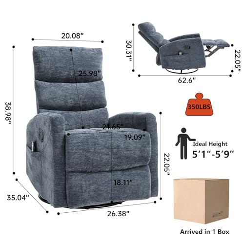 PELUMY 360° Swivel Rocker Recliner with Heat & Vibration Massage, Glider Rocking Chair for Adults, Compact Recliner for Living Room, Small Spaces, Nursery, Bedroom (Chenille, Blue)