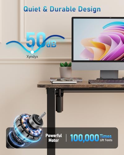 Small Height Adjustable Electric Standing Desk, 31.5" x 23.6" Sit Stand up Desk with Splice Board, Ergonomic Rising Computer Home Office Desk Table with Memory Preset, Black Frame/Rustic Brown Top Xyndyx