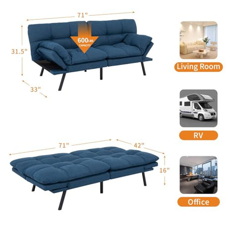 MUUEGM 71-Inch Convertible Futon Sofa Bed with Adjustable Backrest & Removable Armrests, Foldable Sleeper Loveseat for Small Space Living Room, Studio Apartment, Home Office，Blue MUUEGM