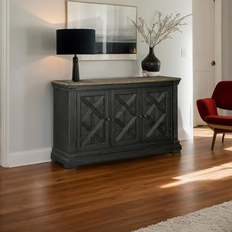 Signature Design by Ashley Tyler Creek Vintage Casual Dining Room Buffet Cabinet or Server with 3 Doors and Lattice Design, Wood, 36" High, Black & Gray Signature Design by Ashley