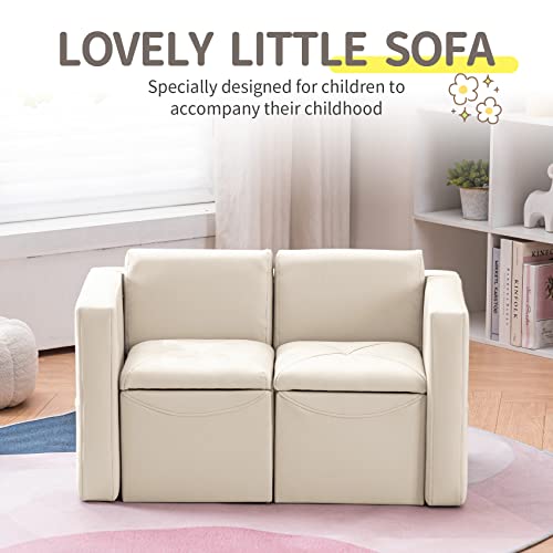 UNICOO –Kids Sofa, 2-in-1 Double Set Sofa Convert to Table & 2 Chairs, Children Boys Girls Couch Armrest Chair with Storage Box (ZKL-111K-Beige) UNICOO