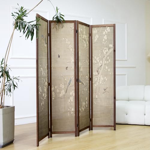 Furnnylane 4 Panel Room Divider Screen and Folding Panel Screen,Double Sided Bamboo Divider for Room Separation,White Plum and Birds,67" H x 63" W,67" H x 63" W Furnnylane
