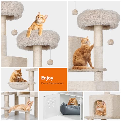 PANTAZO Cat Tree with Litter Box Enclosure 2-in-1 Wooden Cat House Furniture, 76.8 Inch Tall Cat Condo with Hammock, Scratching Posts White