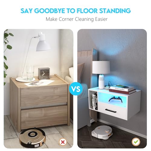 Bloddream Floating Nightstand with Charging Station and LED Light Strips, 21.3" Bedside Table with Drawers,Floating Bedside with USB Ports and Outlets, Bedroom Furniture Bloddream