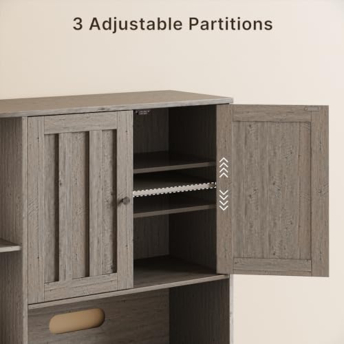 Gizoon 60.4" Farmhouse Kitchen Pantry Storage Cabinet with Doors and Adjustable Shelves, Large Kitchen Hutch with Drawers, Freestanding Cupboard for Dining Room, Living Room, Grey - WoodArtSupply