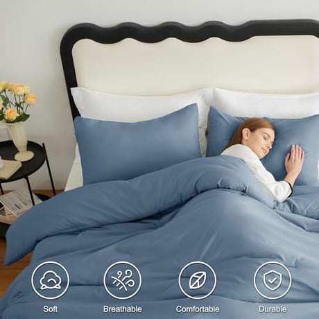 CozyLux Grayish Blue Queen Comforter Set, 3 Pieces Dusty Blue Solid Breathable Quilted Bedding Sets, Luxury Soft Fluffy Bed Set with Down Alternative Comforter All Season (1 Comforter & 2 Pillowcases) CozyLux