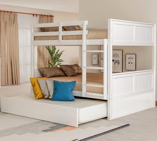 MERITLINE White Full Over Full Bunk Bed with Trundle - Solid Wood Detachable Design for Kids - WoodArtSupply