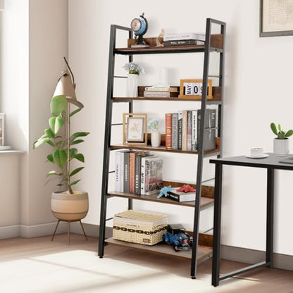 BATHWA 5-Tier Industrial Rustic Ladder Bookshelf - Open Wood and Metal Accent Bookcase - WoodArtSupply