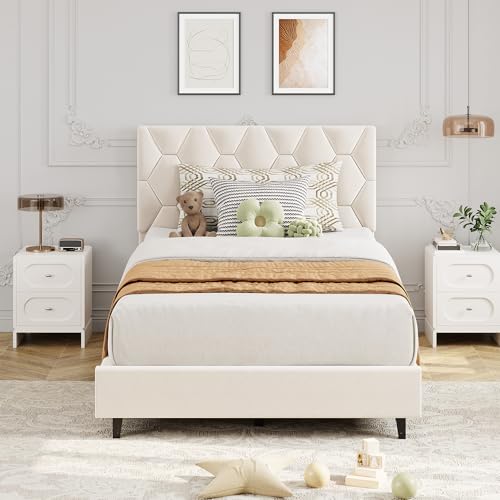 GAOMON Beige Twin Upholstered Bed Frame, Heavy-Duty Platform Bed Frame with Upholstered Headboard & Strong Wood Slats, No Box Spring Needed/Noise Free/Easy Assembly GAOMON
