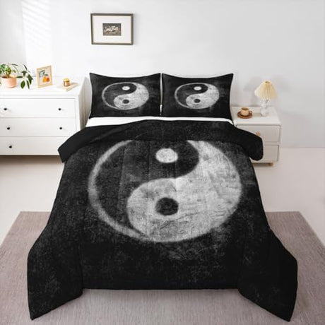 Feelyou Yin Yang Bedding Set for Girls Boys Children Boho Trippy Psychedelic Art Comforter Set Decorative Gossip Pattern Comforter Traditional Ying Yang Theme Duvet Set Full Size 3Pcs Feelyou