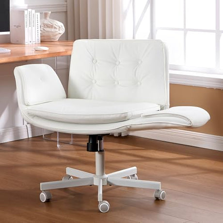 amseatec Criss Cross Chair with Armrests & Wheels, PU Leather Vanity Chair, Comfortable Adjustable Swivel Computer Office Desk Chairs for Home, Make Up, Bed Room (White) amseatec