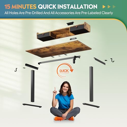 DEVAISE 55×28 Inch Electric Standing Desk with Drawers, Computer Desk with 3 Adjustable Height, Storage Shelf, Built-in USB Outlets and Memory Preset, Sit to Stand Desk for Home Office, Rustic Brown DEVAISE