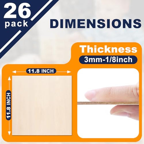 Yalumo Basswood Sheets 12 x 12 x 1/8 Inch, 26 Packs Plywood Sheets Unfinished Wood for Crafts 3mm Thick Basswood for Laser Cutting, DIY Architectural Models, Engraving, Wood Burning, Painting Yalumo