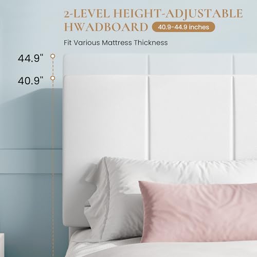 SHA CERLIN Full Size Bed Frame, Velvet Upholstered Platform Bed, Vertical Channel Tufted Adjustable Headboard, Low Profile Bed Frame, No Box Spring Needed, Easy Assembly, White SHA CERLIN