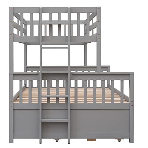 Ball & Cast Twin-Over-Full Bunk Bed with Twin-Size Trundle and Drawers,Separable Wood Bunkbed w/Full-Length Guard Rail & Slat Support,Space Saving,Bedroom Furniture for Student Dorms,Studio,Gray Ball & Cast