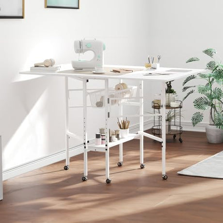 Sew Ready Folding Sewing Craft Table with Storage, Adjustable Height Cutting Desk with Drawers and Wheels for Quilting, Fabric, and Hobby Room, White Sew Ready