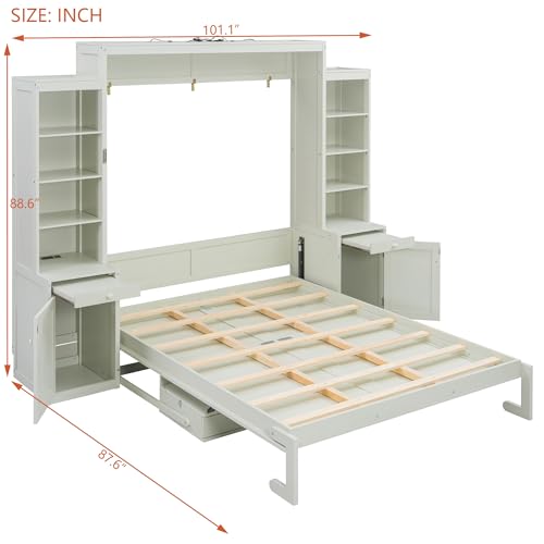 Brabrety Queen Size Murphy Bed with Desk & Storage, Space-Saving Wood Wall Bed with Drawers,for Apartments Bedroom Home Office Studio (White#B, Queen) Brabrety