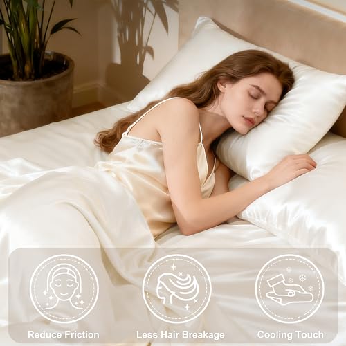 Love's cabin Full Size Satin Sheet Sets - 4 Piece Ivory Silky Sheet Set Full with Deep Pocket, Luxury Silk Feel Bed Sheets Full Bedding Set (1 Flat Sheet,1 Fitted Sheet,2 Pillow Cases) Love's cabin