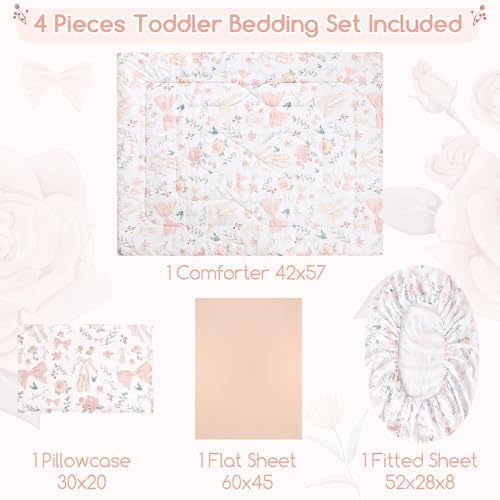 GFU 4 Piece Toddler Bedding Set, Ultra Soft and Breathable Toddler Comforter Sets for Girls Includes Quilted Comforter, Fitted Sheet, Flat Sheet and Pillowcase, Pink Flowers GFU