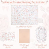 GFU 4 Piece Toddler Bedding Set, Ultra Soft and Breathable Toddler Comforter Sets for Girls Includes Quilted Comforter, Fitted Sheet, Flat Sheet and Pillowcase, Pink Flowers GFU