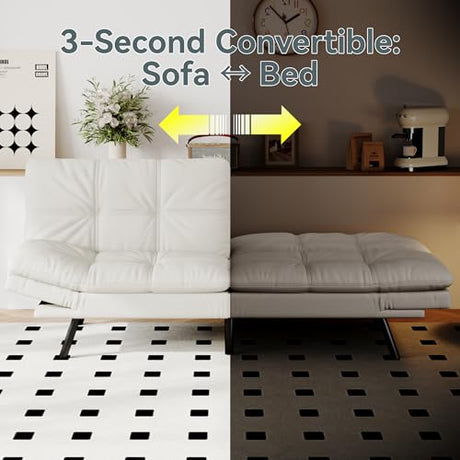 AMICLIBER Futon Sofa Bed Convertible Couch, White Faux Leather Sofa Bed with Memory Foam, Adjustable Backrest & Armrests, Multifunctional Small Loveseat Sleeper Sofa for Living Room, Apartment, Office AMICLIBER