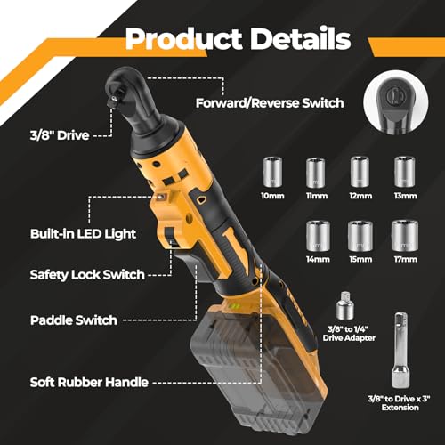 3/8" Cordless Ratchet Wrench Compatible with Dewalt 20V Battery(No Battery) Power Ratchet Wrench Tool Kit,7CS Sockets,Extension Bar,1/4" Adaptor,Variable Speed Trigger - WoodArtSupply