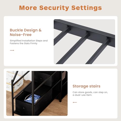 Bellemave Full Size Loft Bed with Desk, LED Lights and Charging Station, Full Loft Bed with Stairs, Wardrobe and 2 Storage Drawers, Heavy Duty Loft Beds Frame, Black Bellemave