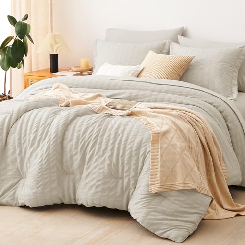 CozyLux King Size Comforter Set Oatmeal Seersucker 7 Pieces Bed in a Bag King Comforter Set with Sheets, Luxury Bedding Set with Down Alternative Comforter, Sheets, Pillowcases & Shams All Seasons CozyLux