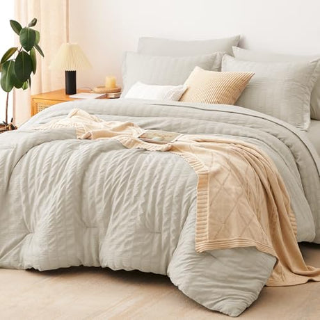 CozyLux King Size Comforter Set Oatmeal Seersucker 7 Pieces Bed in a Bag King Comforter Set with Sheets, Luxury Bedding Set with Down Alternative Comforter, Sheets, Pillowcases & Shams All Seasons CozyLux