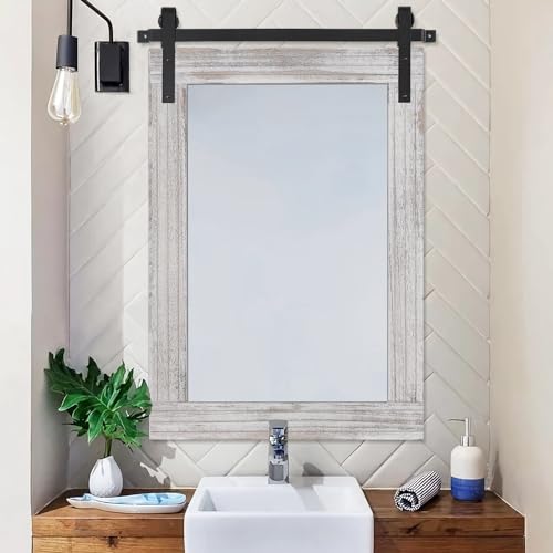 AAZZKANG Wall Mirror Rustic Barn Door Mirror Large 26"x18" with Wood Framed Rectangle Decorative Bedroom Bathroom Vanity Mirror Farmhouse Wall Decor White