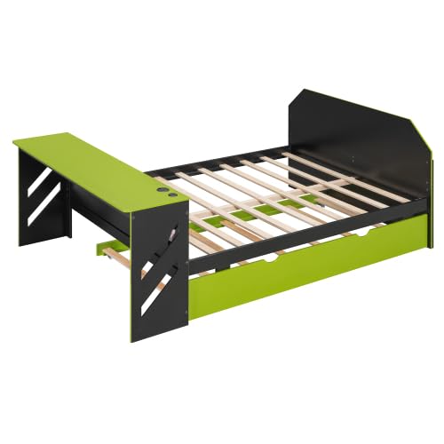 Harper & Bright Designs Full Size Gaming Platform Bed with Desk and Trundle, Wooden Daybed Frame with USB (Green) Harper & Bright Designs