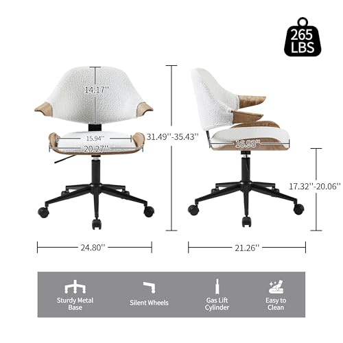 Art Leon Swivel Desk Chair, Mid Century Modern Office Chair with Wheels, Boucle Fabric Upholstered Arm Chair, Adjustable Height Task Chair with Metal Base, Washed Oak Bentwood, White Art Leon