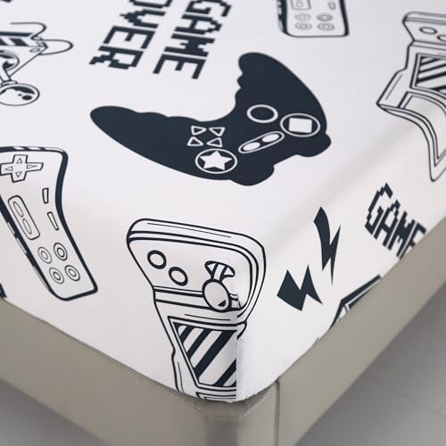 SDIII 4PCS Black and White Gamer Bedding Sheet Sets for Boys Girls Teens and Kids, Bed in a Bag Sheet Set Queen Size, Video Game Bed Sheet Set on Amazon, Queen SDIII