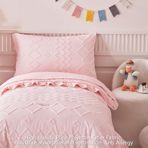 AIKASY Toddler Bedding Set 4 Pieces Super Soft Comforter Set, Shabby Boho Bohemian Design for Boys and Girls（Ruffle Fringe Comforter, Flat Sheet, Fitted Sheet and Pillowcase）- Coral Pink AIKASY