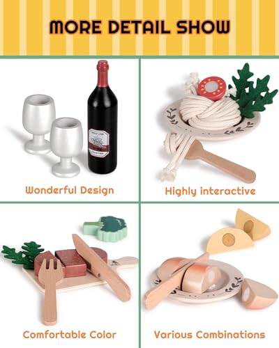 RRIBOUDWAN Wooden Play Food Toys, Food Pretend Playset Include Four Kinds of Steak, Pasta, Red Wine, Wine Glass, Vegetable Salad, Steak Dinner Game for 3+ Years Old Children RRIBOUDWAN