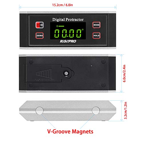 Inclinometer, RISEPRO® Digital Protractor Angle Finder Level Inclinometer Magnetic V-Groove 0~360 degree with Backlight 82413B RISEPRO