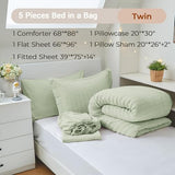 MUXHOMO 5 Pieces Twin Comforter Set, Seersucker Bed in a Bag Twin Size, All Season Luxury Bedding Set with Comforter, Flat Sheet, Fitted Sheet, Pillowcase & Sham, Light Green MUXHOMO