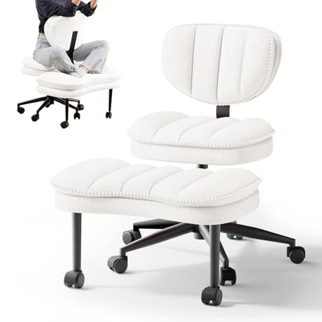 Cross Legged Office Chair, Ergonomic Cloud Criss Cross Desk Chair, Meditation Chair with Wheels, Height Adjustable Seat for ADHD, Wide Kneeling Chair with Back Support, Corduroy Fabric, White HOMRELEXA