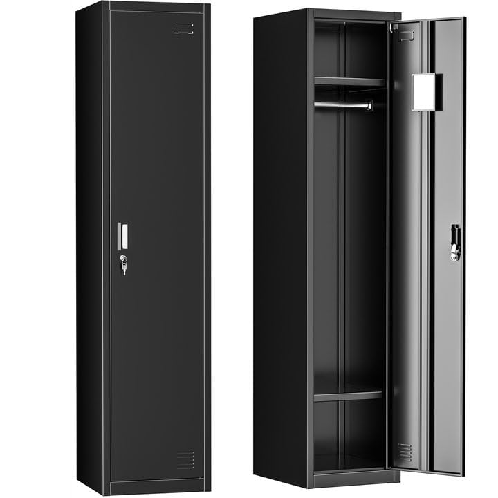 INTERGREAT Metal Locker for Employees with Door, 72" Black Steel Locker Storage Cabinet with Single Door,Tall School Lockers for Home Office,Gym - WoodArtSupply