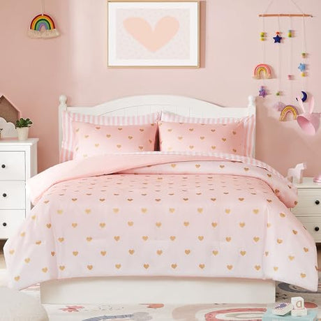 Wink Deer Twin Comforter Set with Sheets for Girls-5 Pieces Twin Bedding Sets with Pink Comforter, Sheets, Pillowcase & Sham for Kids (Pink Gold Heart, 66" X 86") Wink Deer