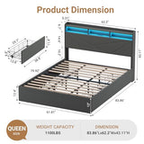 MALOL Bed Frame, Queen Bed Frame with Headboard & Storage Shelf, Metal Platform Bed Frame with 4 Storage Drawers, Built-in Charging Station, Led Light, Wood Bed Frame, No Box Spring Needed, Grey MALOL