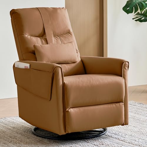 AIRSKY Leather Recliner Chair, Top Grain Leather, Italian Water-Washing Process, Movable Headrest,Swivel Rocker Recliner, Nursery Rocking Chairs,Wall Hugger Recliners, Living Room Chair, R3 (Brown)