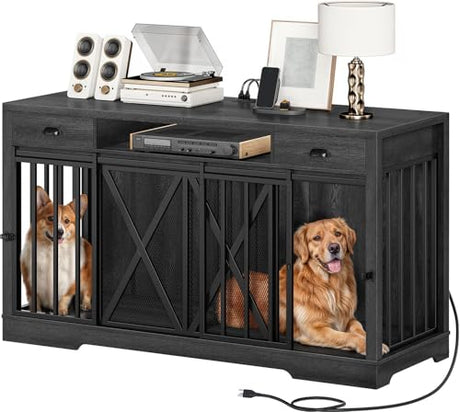 DWVO 63 Inch Double Dog Crate Furniture for 2 Dogs, Heavy Duty Wooden Dog Crate TV Stand with Charging Station, Dog Kennel Indoor Furniture Double Sliding Barn Door Design Ideal for 2 Dogs, Oak DWVO