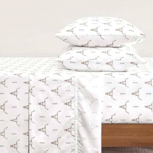 Wake In Cloud - Western Bed Sheets, 4-Piece Sheet Set, Southwestern Rustic Bull Head Aztec Style Pattern Printed Bedding, Deep Pocket, Brown White, Full Size Wake In Cloud