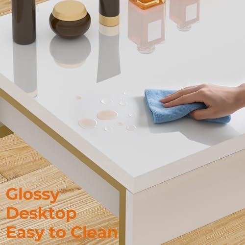 GreenForest Vanity Desk with 2 Drawers,39 inch White Desk with Glossy Desktop Easy Clean,Makeup Dressing Table with Metal Gold Legs for Home Office Small Spaces,Bedroom GreenForest