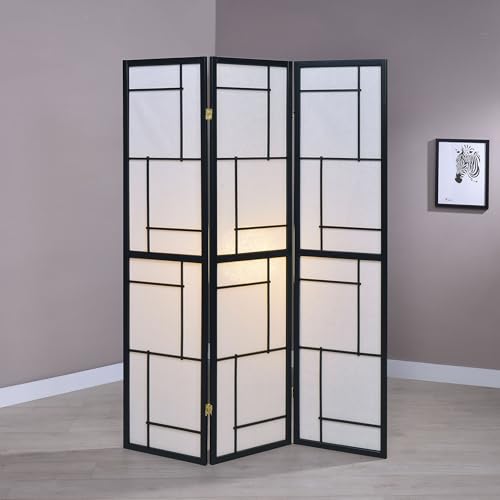 Coaster Home Furnishings - Damis - Solid Wood - 70-Inch 3-Panel Room Divider Folding Shoji Screen with White Paper Panels and Geometric Design - Living Room & Bedroom - Black and White - 900102 Coaster Fine Furniture