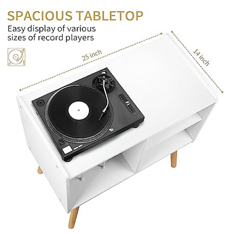 Possile Mid-Century Record Player Stand, Vinyl Record Cabinet Holder with Storage Up to 100 Albums, Record Player Table for Living Room Bedroom Office, Turntable Stand with Wood Legs, White Possile